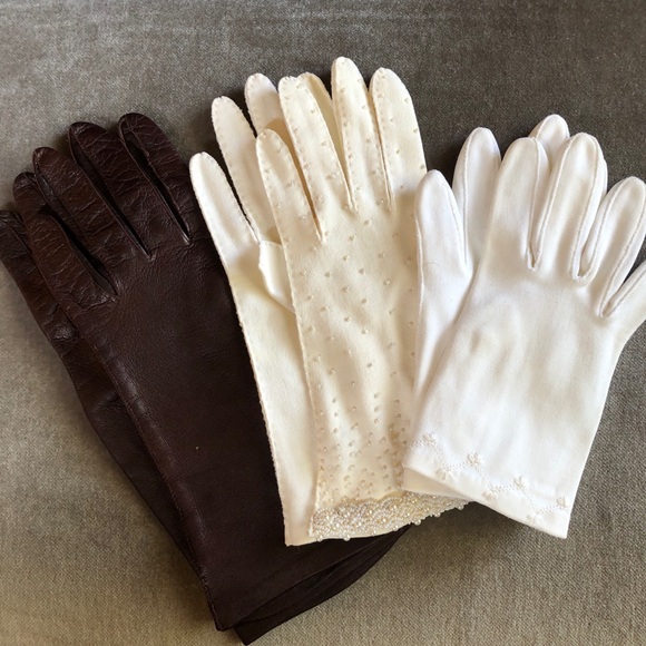 Vintage Accessories - 3 pairs Gorgeous vintage gloves: white beaded, white embroidered, brown leather